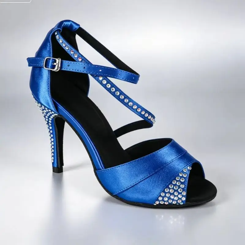 Evk Women's Blue Rhinestones Peep Toe Latin Dance Shoes Ladies Salsa Tango Ballroom Sandals 8.5cm Party Dancing Sneaker Footwear