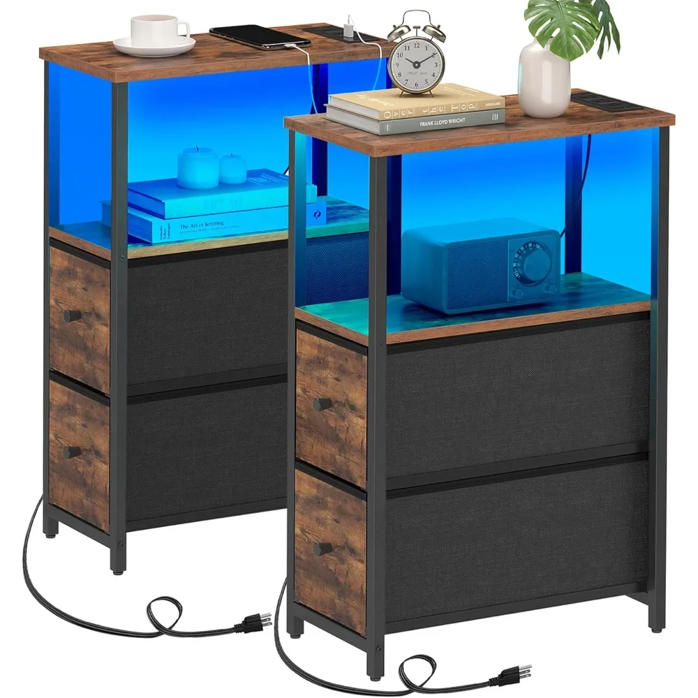 Small Narrow LED End Table with Nightstand, Nightstands with 2 Cloth Drawers, Set of 2, Nightstand
