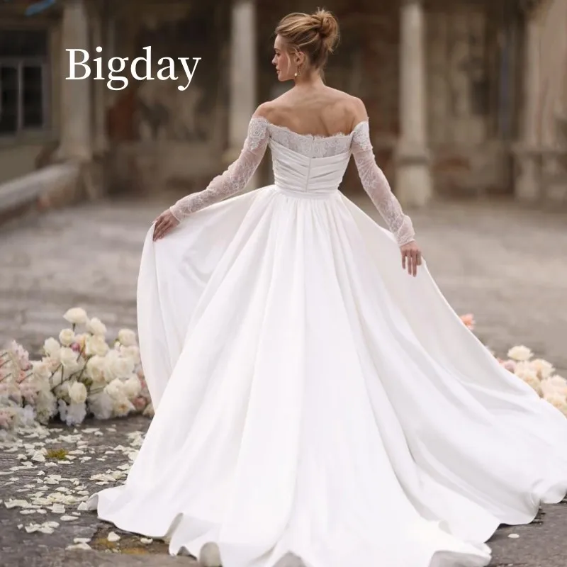 Vestido De Novia De satén blanco De manga larga con espalda abierta De encaje De sirena elegante, vestido De Novia De tren desmontable