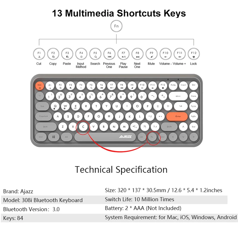 Беспроводная Bluetooth-клавиатура Ajazz, 84 клавиши, перезаряжаемая машинка, ретро круглая клавиатура, портативная клавиатура для IOS, Android, Windows, ПК
