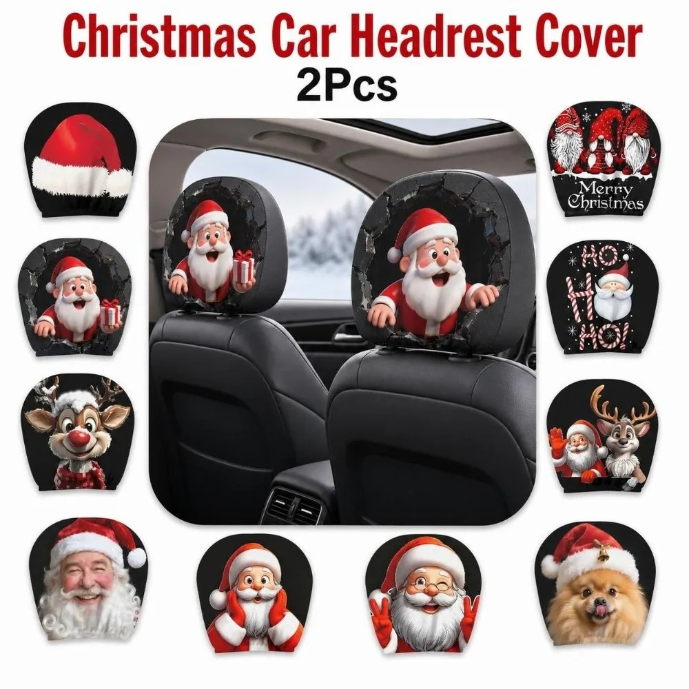 2Pcs Universal Car Headrest Cover Cartoon Funny Reindeer Seat Headrest Protectors Washable Santa Claus Christmas Car Pillowcase