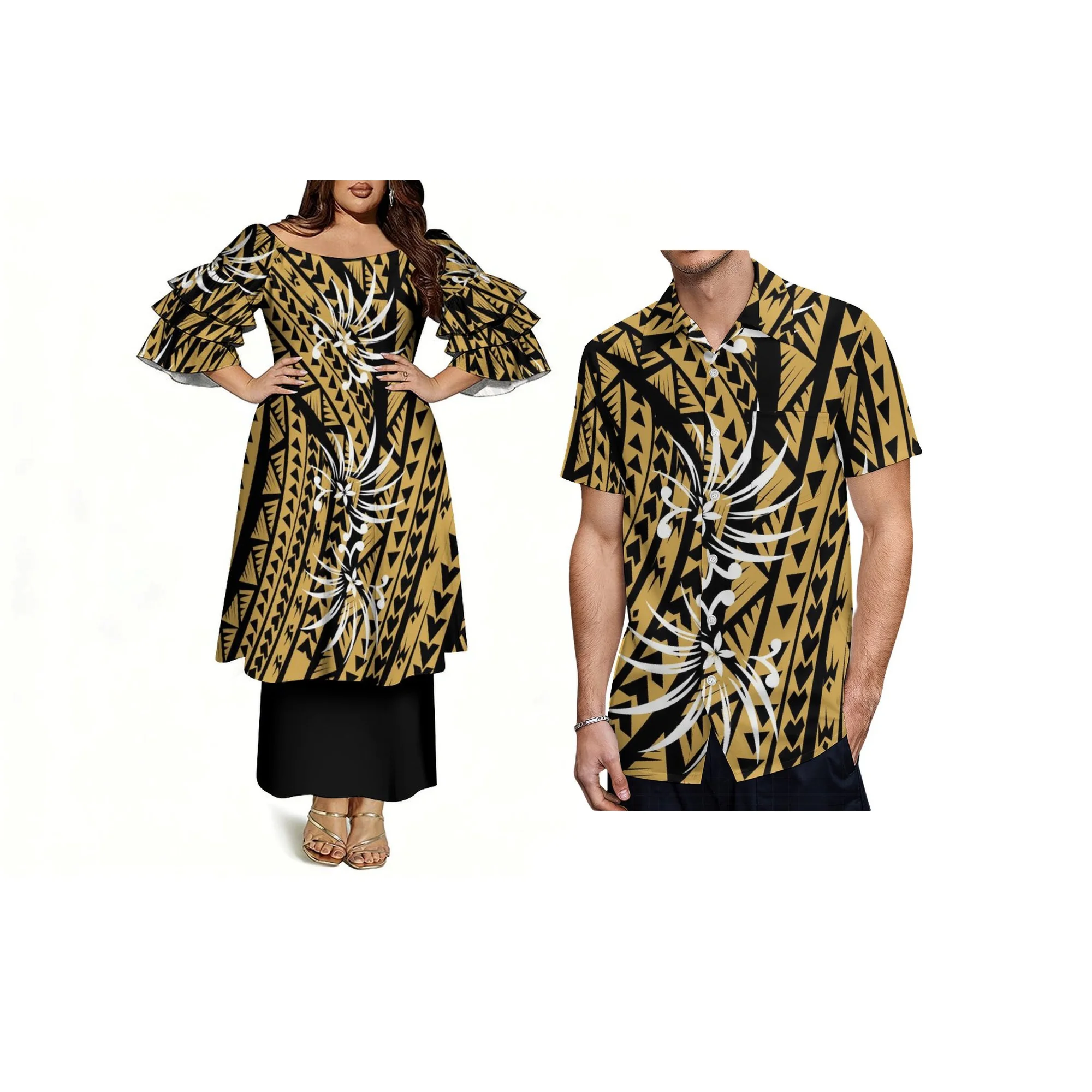 

Best Price Customized Tonga Puletasi Dress Polynesian Style Womens Casual Dress off Shoulder Frill Sleeve Long Dress Two Piece