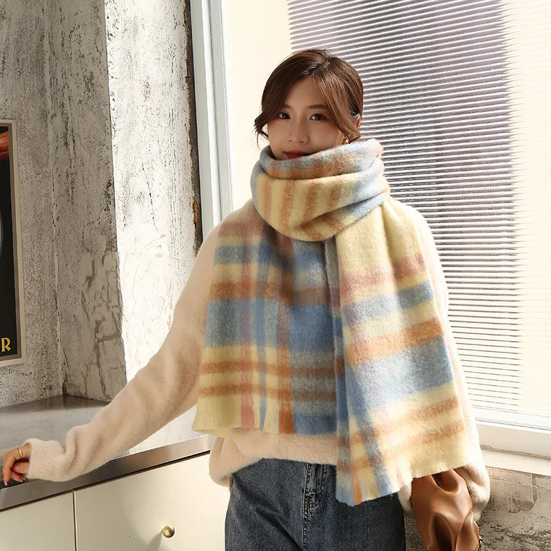 

2023 Winter Korean Version Women New Candy Color Check Imitation Cashmere Comfortable Scarf Thickened Warm Collar Long Shawl