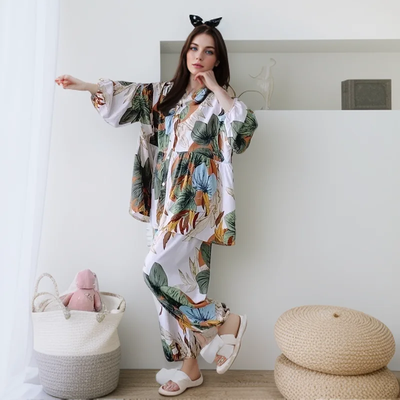 Plus Size 5XL 150kg Women's Pajamas Sets for Women 2 pieces Floral Sleepwear Long Sleeve Women's Home Clothes Suit