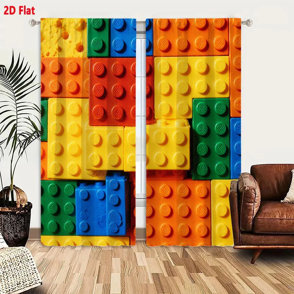 2Pcs Curtains 2D Flat Colorful Toy Building Blocks Arrangement Resembling LEGO Bricks with Studs in Red Blue Green Yellow Orange