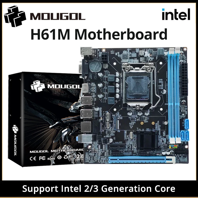 MOUGOL H61M Motherboard M.2 NVME PCIEx16 DVI Supports Dual-channel DDR3 RAM Intel Core 2/3 Gen CPU LGA1155 for Gaming Computer