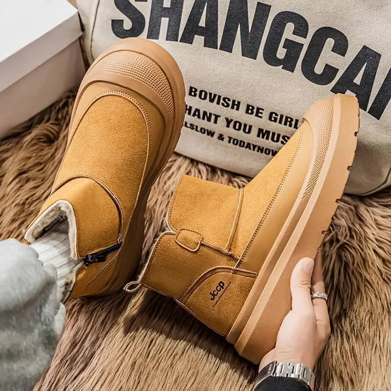 

New Leather Men's Boots 2025 Winter Platform Warm Fur Ankle Short Slip On Fashion Casual Work Shoes Botas