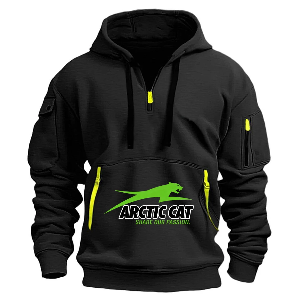 Arctic Cat Men's Fashion Casual Hoodies Multi-pocket Sports Long-sleeve Sweatshirt Up Down Half Zip Hooded Fitness Pullover