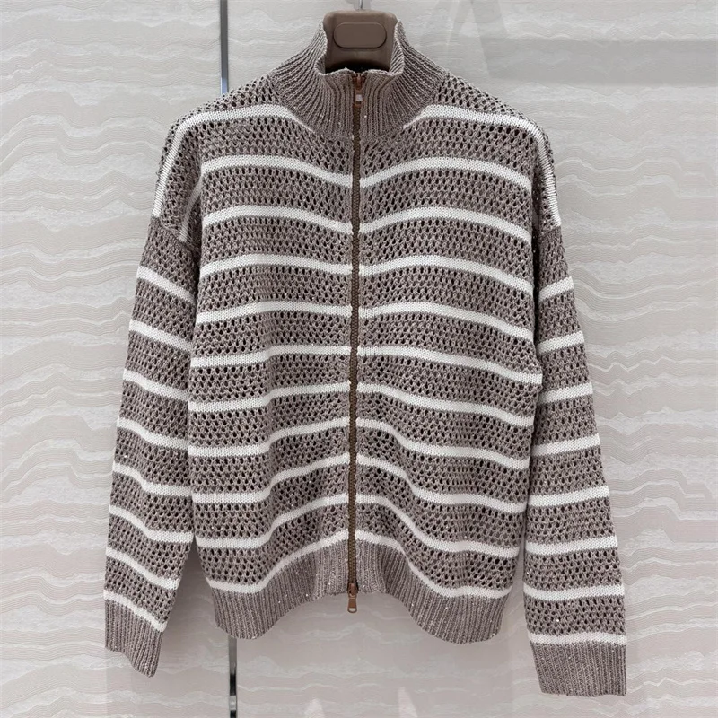 

Cardigan for women New elastic hollow high neck long sleeved top for summer 2025 y2k Sequin blend thin coat Linen blend jacket