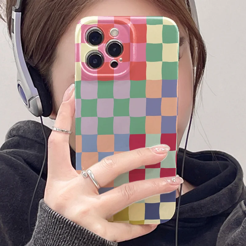 Etui na telefon z kolorowym wzorem w kratkę, odpowiednie dla iPhone'a 17 16 15 14 13 12 11 Pro/Max/Plus, odporne na upadki i wstrząsy, twarde etui. — zdjęcie produktu 4
