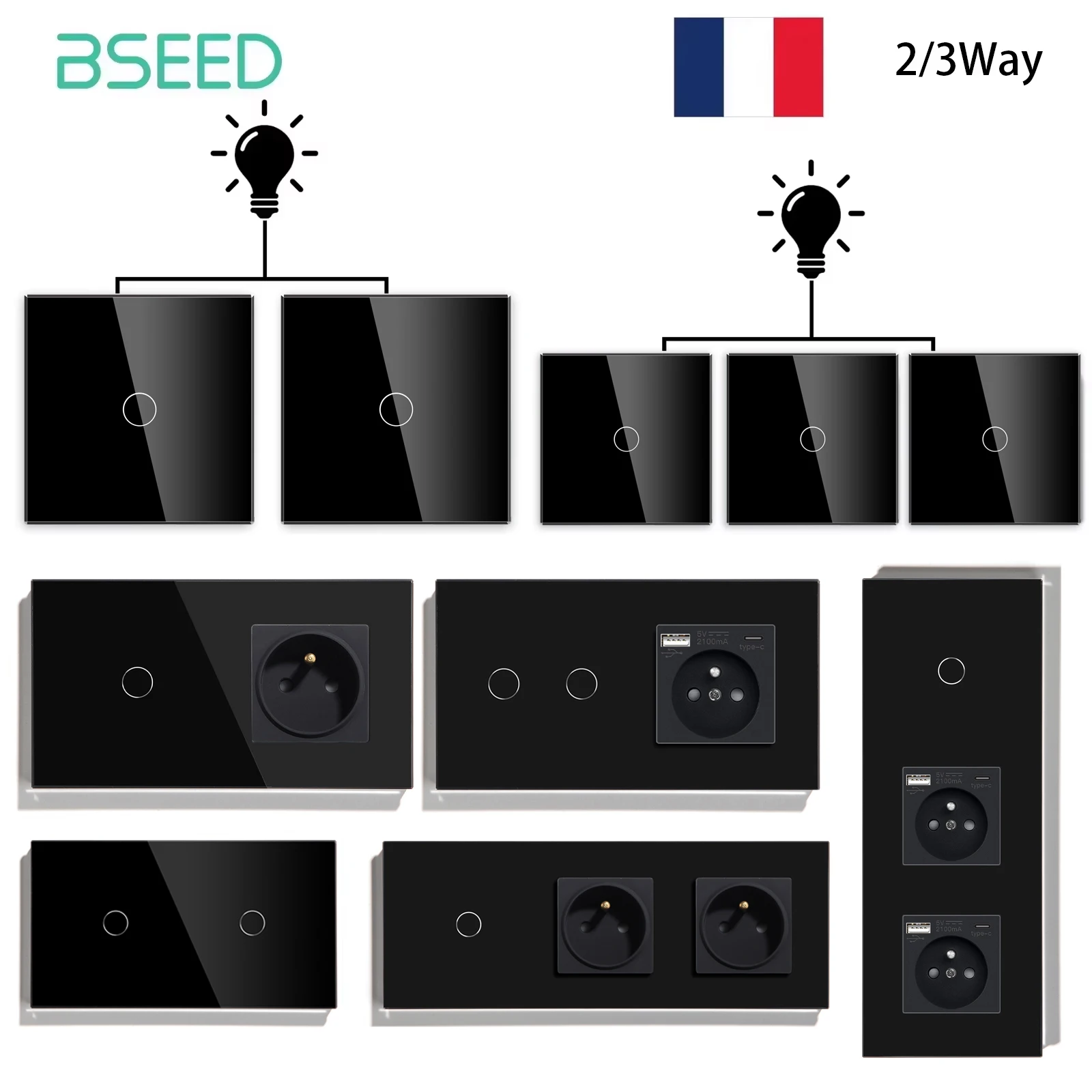 

BSEED 1/2/3Gang сенсорные переключатели света 1/2/3way Plus французская стандартная настенная розетка со стеклянной USB-панелью Type-c, черная серия