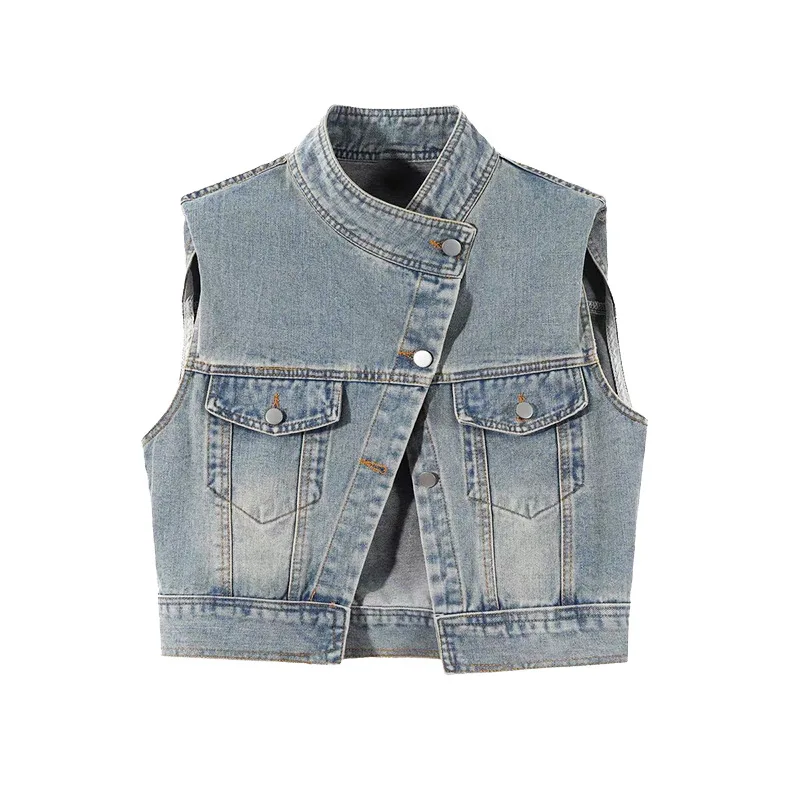 Denim Vest Women Waistcoat Sleeveless Jacket Stand Collar Single Breasted Pockets 2025 Summer Vintage Washed Coat Streetwear
