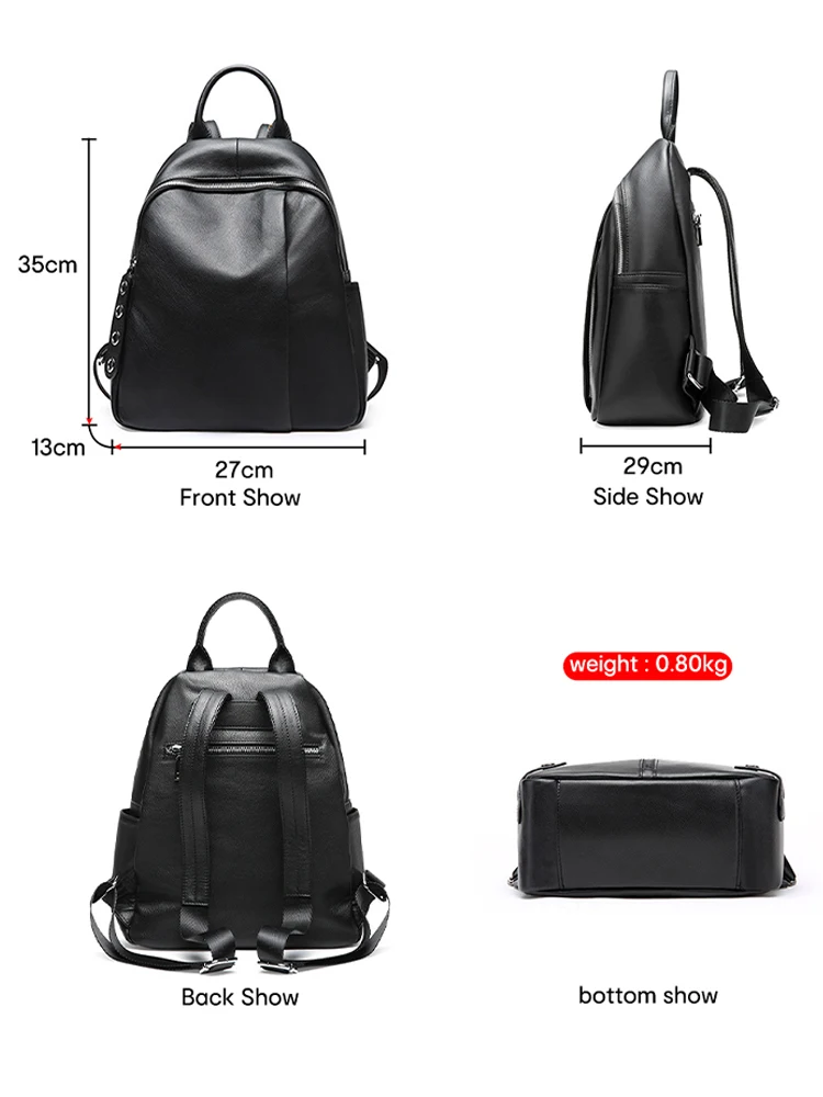 Zency Anti-theft Design Women Backpack 100% Genuine Leather Classic Black School Bag For Girls Daily Casual Travel Bag Knapsack