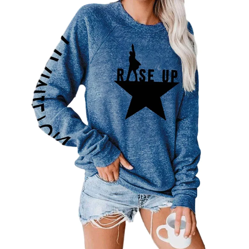 Spring Autumn Women's Five-star Printed Round Neck Long Sleeve Pullover Sweater T-shirt