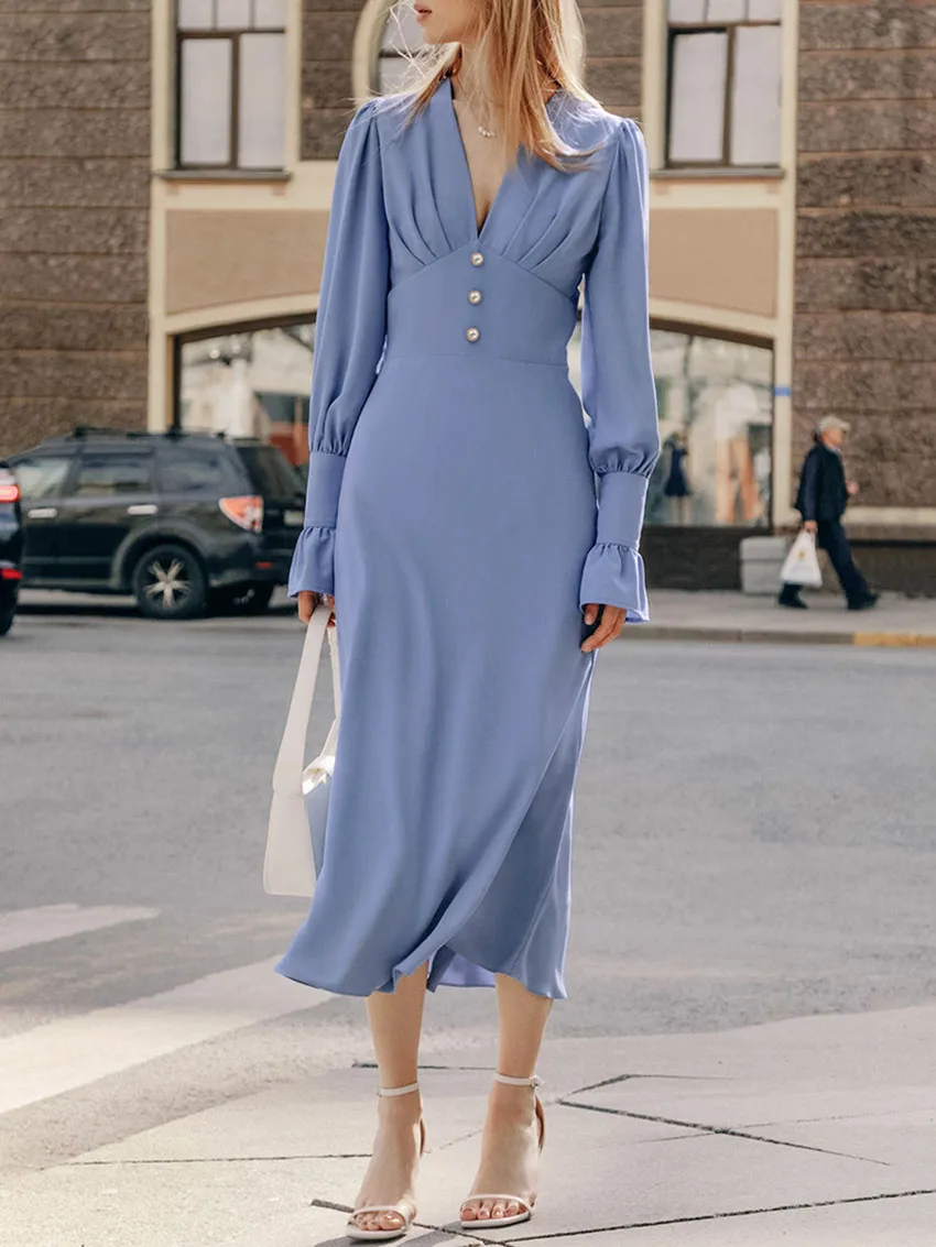 Parc Fee Fashion Slim Blue Dresses 2024 Women Bodycon V-Neck Long Sleeve Midi Dress Elegant Classic High Waist Female Dress