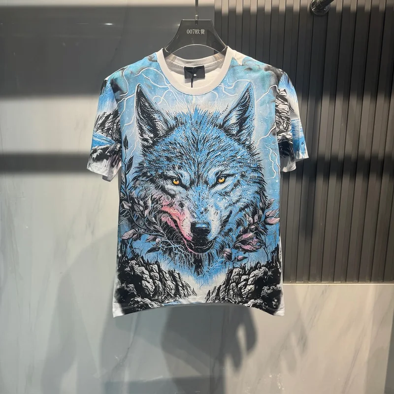 

Summer 2025 new styles of men's clothing from Europe and America Short sleeve Diamond diamond Snow Wolf print T-shirt