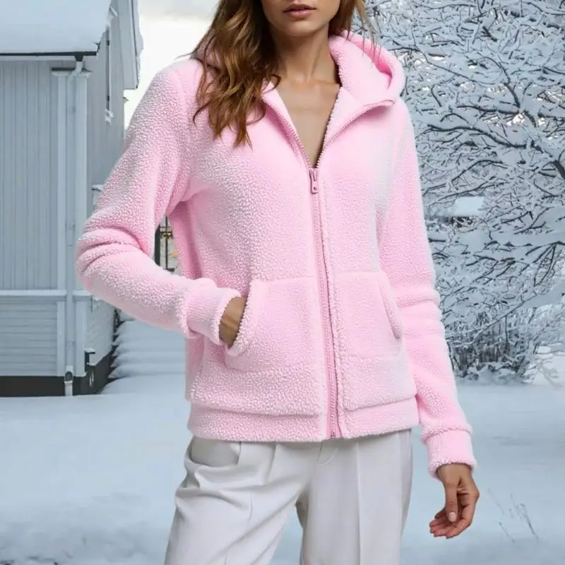 652F Giữ Ấm Mùa Đông Nữ Nỉ Có Mũ Trùm Đầu Áo Nhẹ Full Zip Dài Tay Mờ Áo Khoác Có Túi Lớn Phía Trước