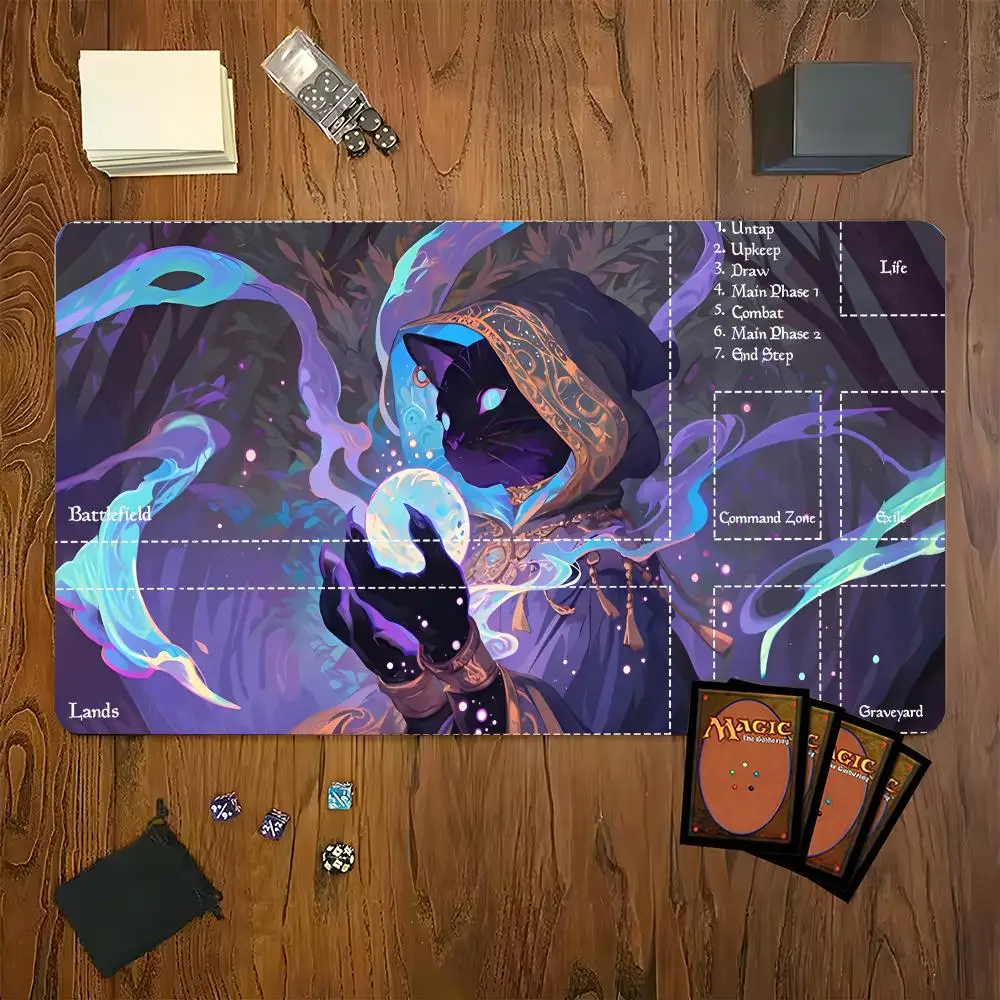 Tapete de juego con diseño de gato mágico, tapete de juego para MTG CCG RPG, cartas coleccionables, alfombrillas de juego con superficie de goma suave, juego de batalla
