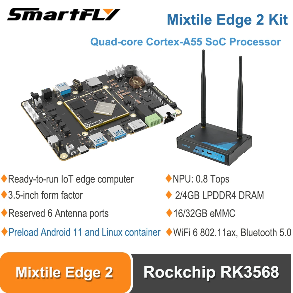 

Smartfly Mixtile Edge 2 Kit Rockchip RK3568 IoT SBC 4 Гб LPDDR4 DRAM 32 Гб 0,8 Топы NPU Поддержка Android 11 Linux Edge Computing