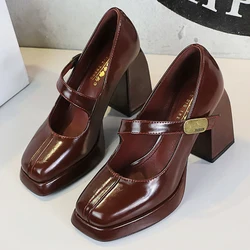 BIGTREE shoes Retro Chunky Women Pumps Block Heel Women Shoes Metal buckle Pumps Shoes Platform high heels 9 cm Female Shoes