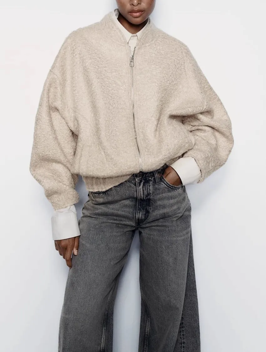 

Spring New Women's Baseball Sle Jaet Loose Pilot Coat Pearl Fce Collar Zipper Closure Casual Loose Fit Outerwear