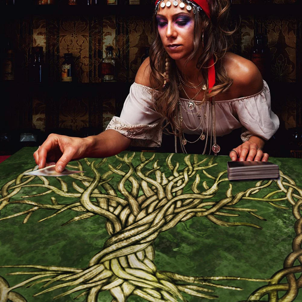 Green Tree Of Life Yggdrasil Tarot Tablecloth Velvet Altar Cloth Oracle Card Pad Witchcraft Astrology Spiritual Crystal Pendulum