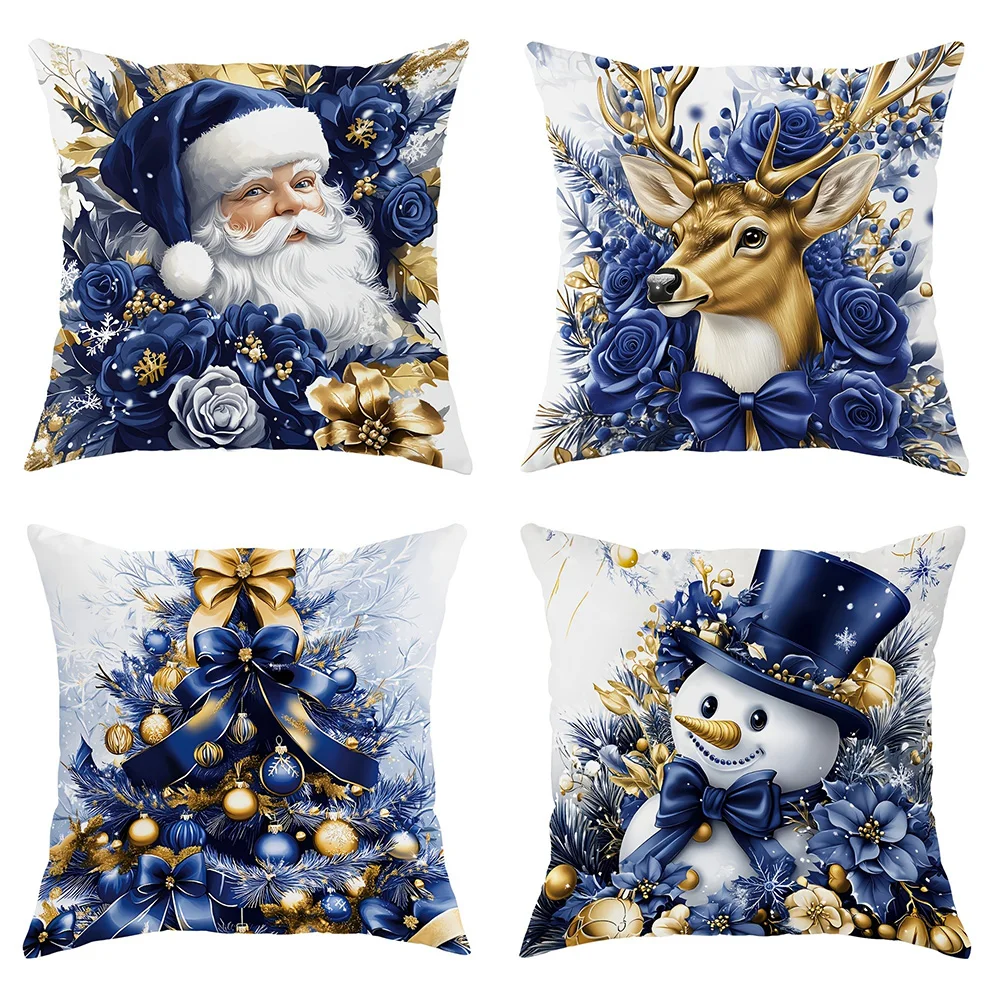 1 Uds. Almohadas navideñas con azul y dorado, adecuadas para la funda de almohada navideña para decoración del hogar, sin núcleo