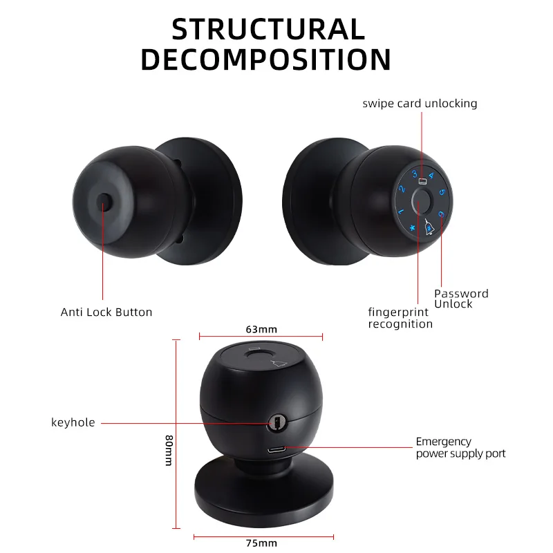 Smart Locks Password biometrica e impronta digitale Serratura elettronica sostitutiva a sfera Serratura per porta in alluminio o legno