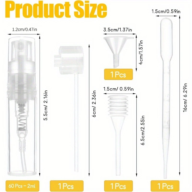 60 Empty Perfume Spray Bottles, Miniature 0.07oz, Plastic, With Snap Closure, Included with a Set of Refill Tools