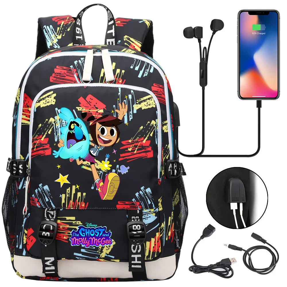 The Ghost And Molly Mcgee Laptop Backpacks Student USB Charging Backpack Famale Colorful Print Rucksack Travel Bag Mochila