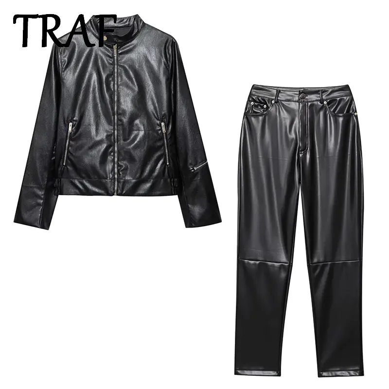 

TRAF Black leather Waist Pants Set Women's 2 Pieces 2025 New Fashion leather jacket+Trousers Casual Set Two Piece Women Outfit
