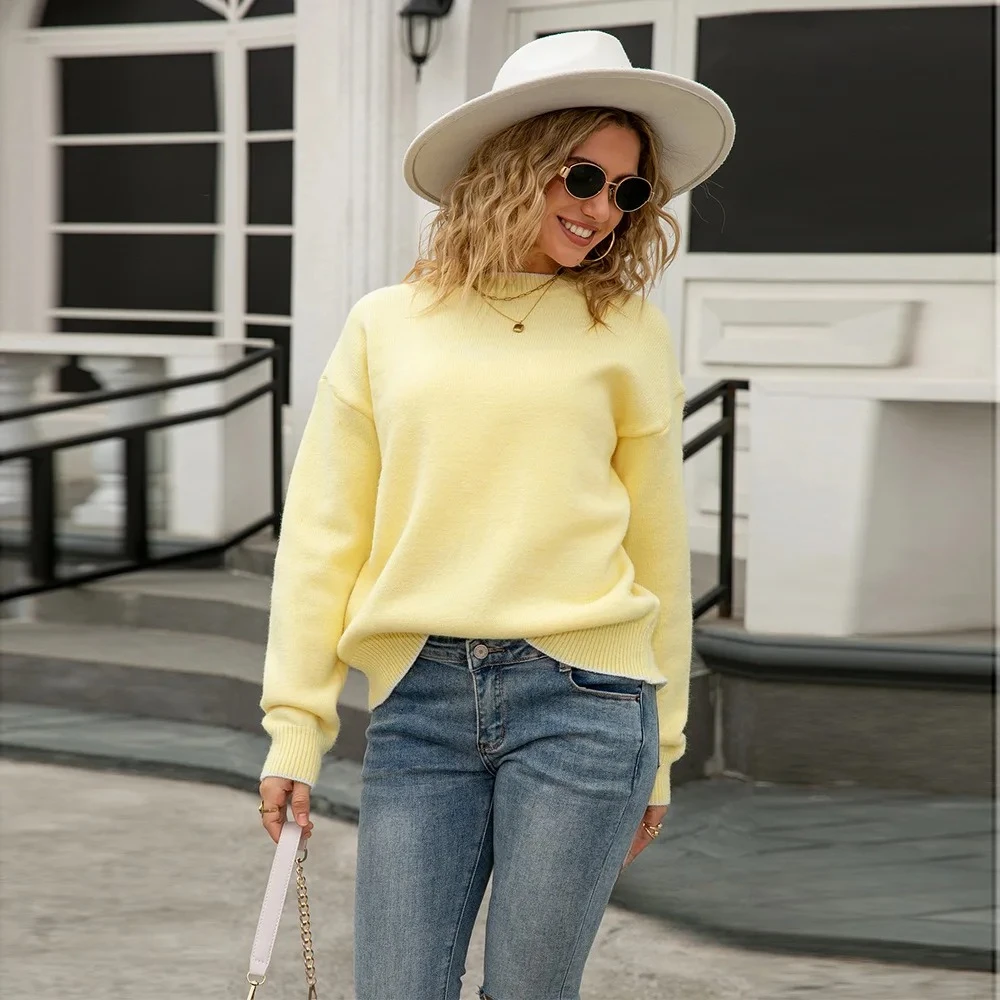 

Tie Sexy Back Knit Sweater for Women Long Sleeves Pullover Solid Color Warm Round Neck New Style Back Bow