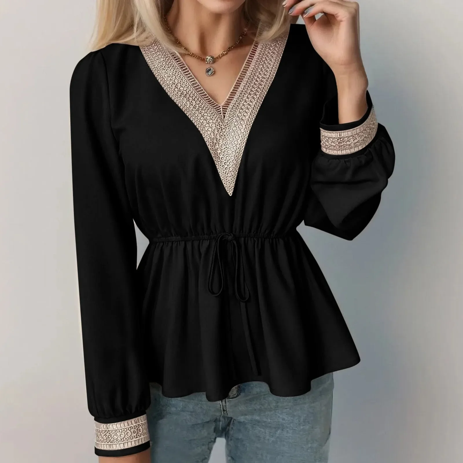 

Elegant Blouse V-Neck Embroidery Hollow Out Dignified Shirt New Summer Autumn 2023 Long Sleeve Solid Color Women'S Clothing