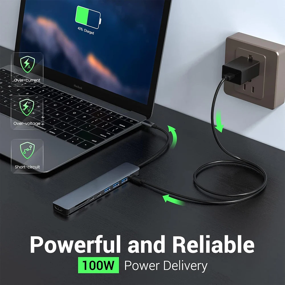 Док-станция KEBIDUMEI 9-в-1 USB C, USB-концентратор USB 3.0, передача данных 5 Гбит/с, USB-хаб TYPE-C с адаптером 4K HDMI, USB-разветвитель для ноутбука