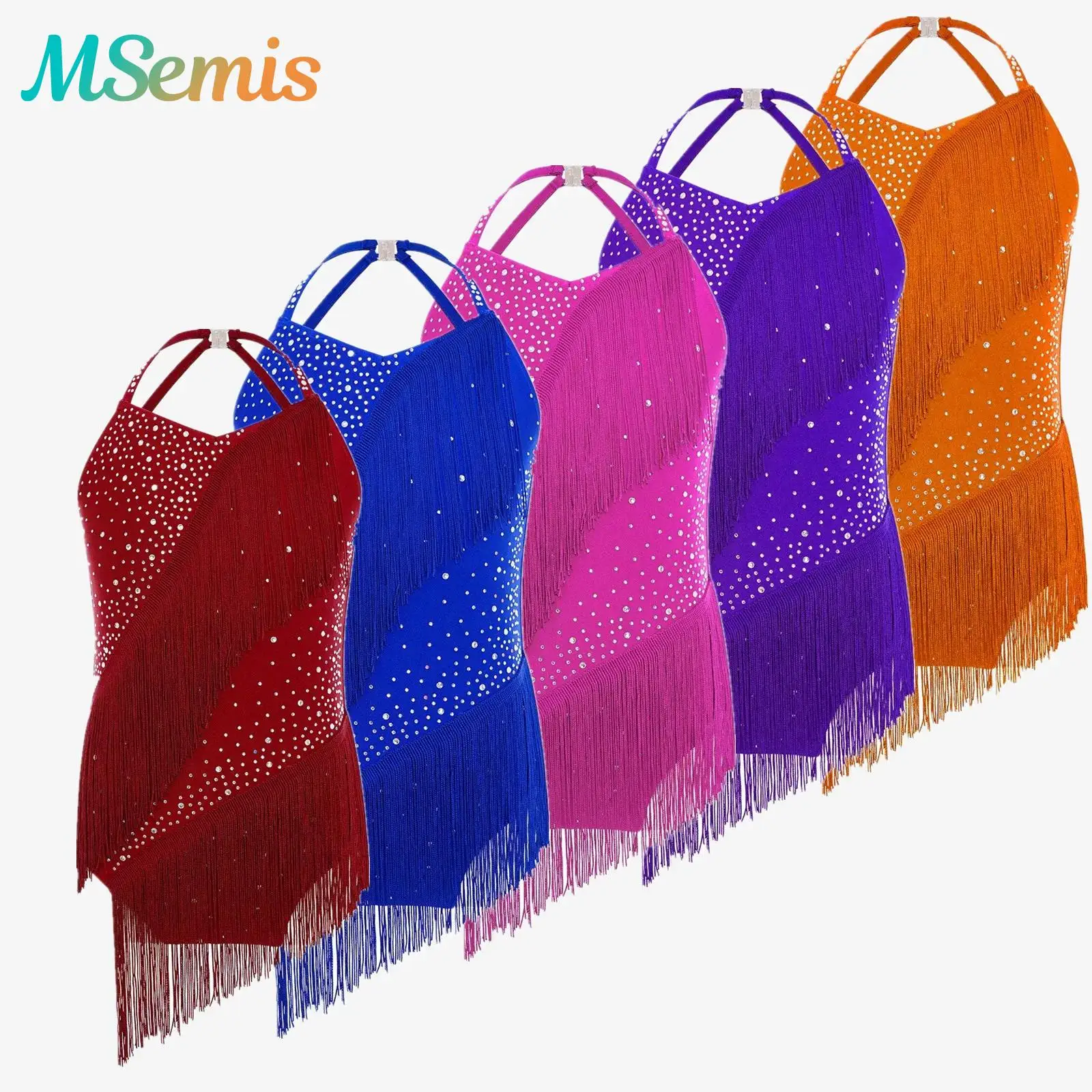 

Kids Girls Gymnastics Figure Skating Bodysuit Latin Dance Performance Costume Halter Shiny Rhinestone Tassels Leotard Clothings