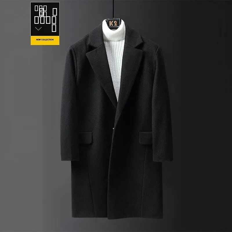 

Men's Classic Woolen Coat Single-Buttoned Thiened Busin Sle Mid-Length Autumn Winter Warmth Faionable Suit Collar