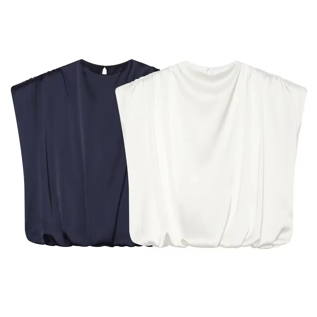 Women's Autumn Sleeveless high neck padded shoulder top New Bottom hem cinching design Casual Fashion Female Vintage Vests