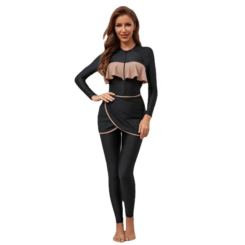 New Burkini Muslim Swimwear Women Ruffle Color Blocking Zipper One-piece Swimsuit Long Sleeve Sun Proof Trousers Conservative