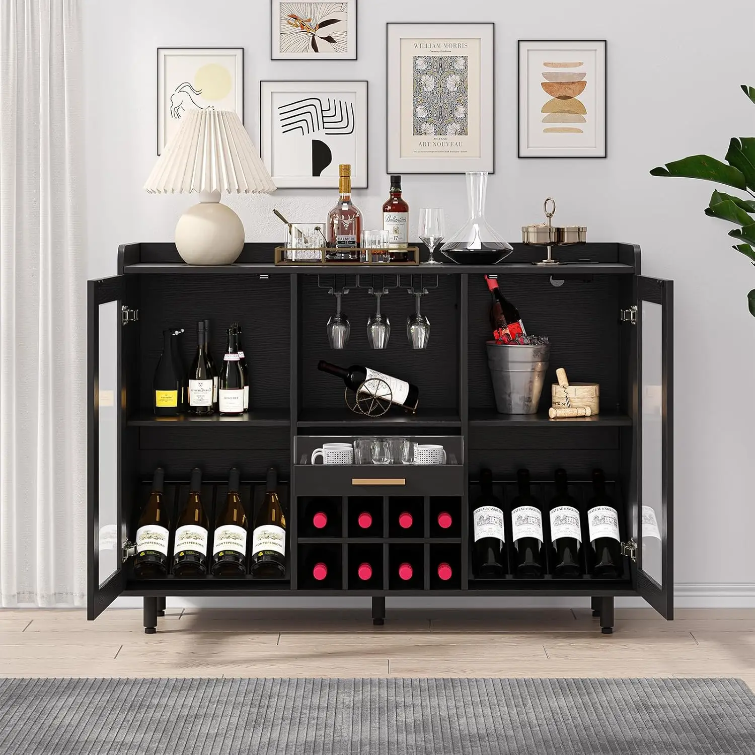 Weinbar schrank mit LED-Leuchten & Steckdose, Home Coffee Bar Schrank mit Wein & Glas Rack, modernes Buffet Side board mit