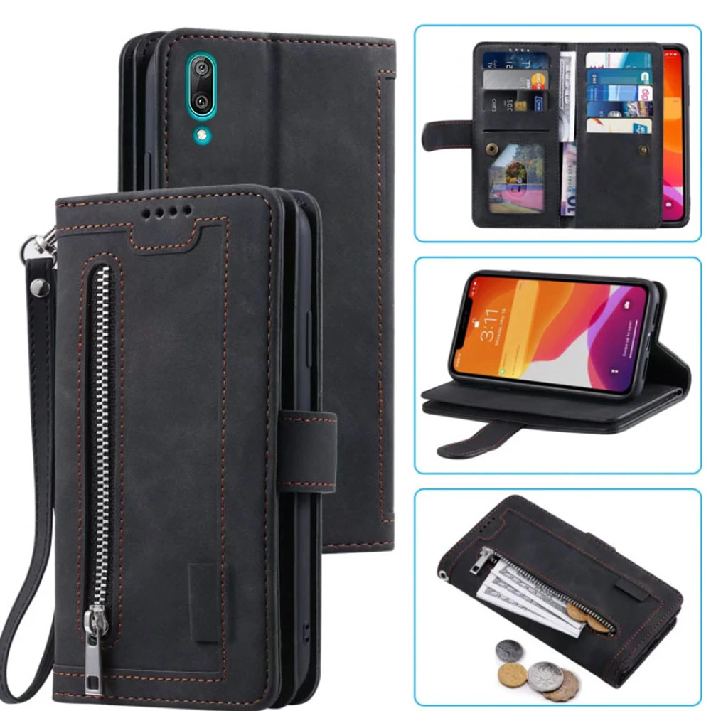 9 Cards Wallet Case for Huawei Y7 Pro 2019 Case Card Slot Zipper Flip Folio with Wrist Strap for Huawei Enjoy 9 No fingerprint