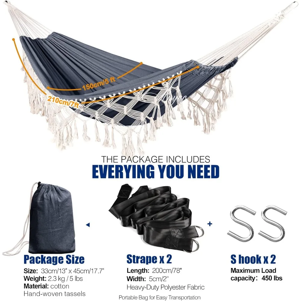 Anyoo-Hammock algodão portátil para o jardim, tecido confortável, borlas Deluxe elegantes, balanço resistente, até 450 libras, confortável