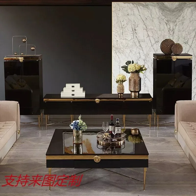 Modern Black Stainless Steel Mirror Coffee Table TV Stand Combo Light Luxury Living Room Furniture Set