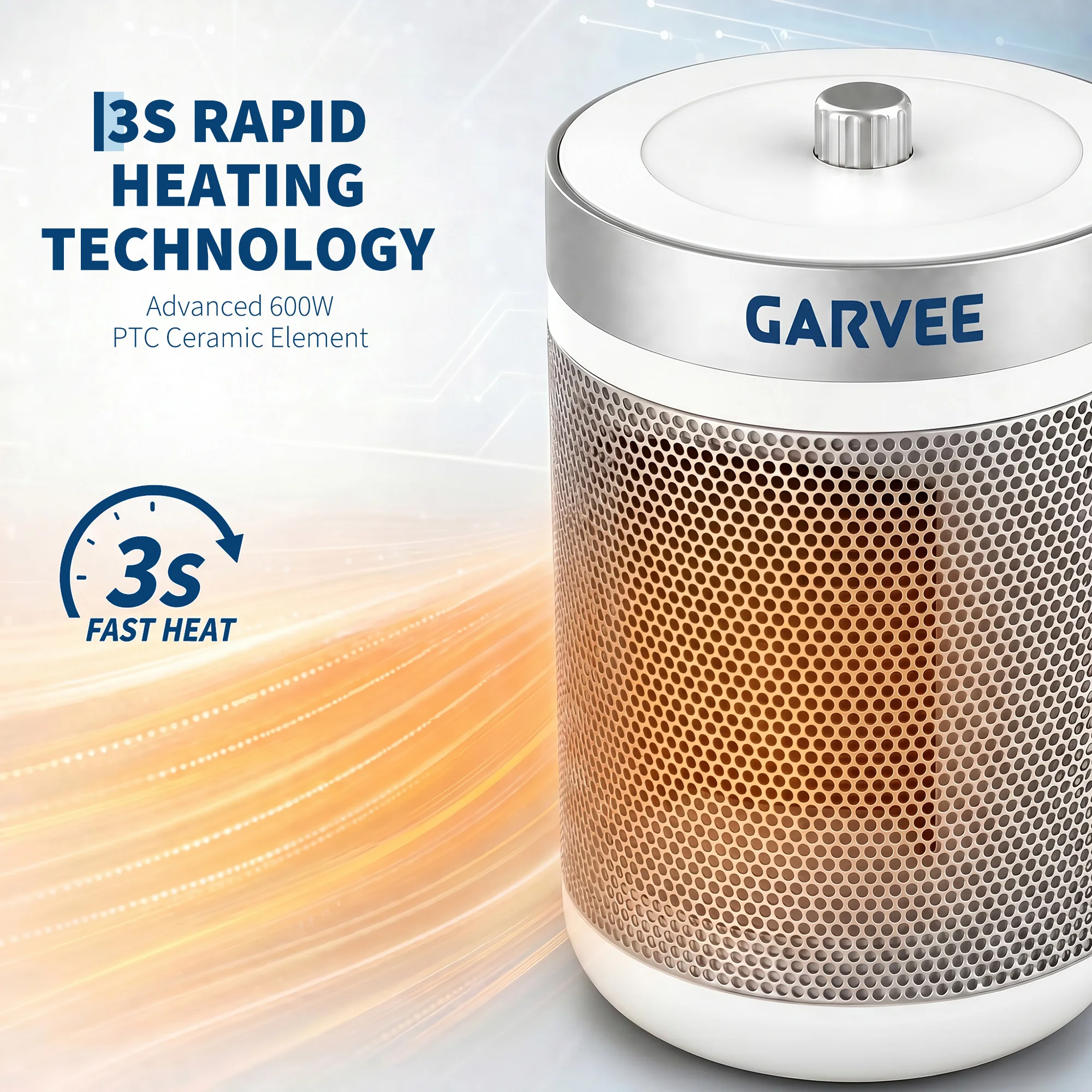 600W Ceramic Space Heater, Portable PTC Fast Heating - 2 Heat Levels - Adjustable Thermostat - Quiet Fan - Tip-Over & Overheat Protection, Auto Safety Shut-Off