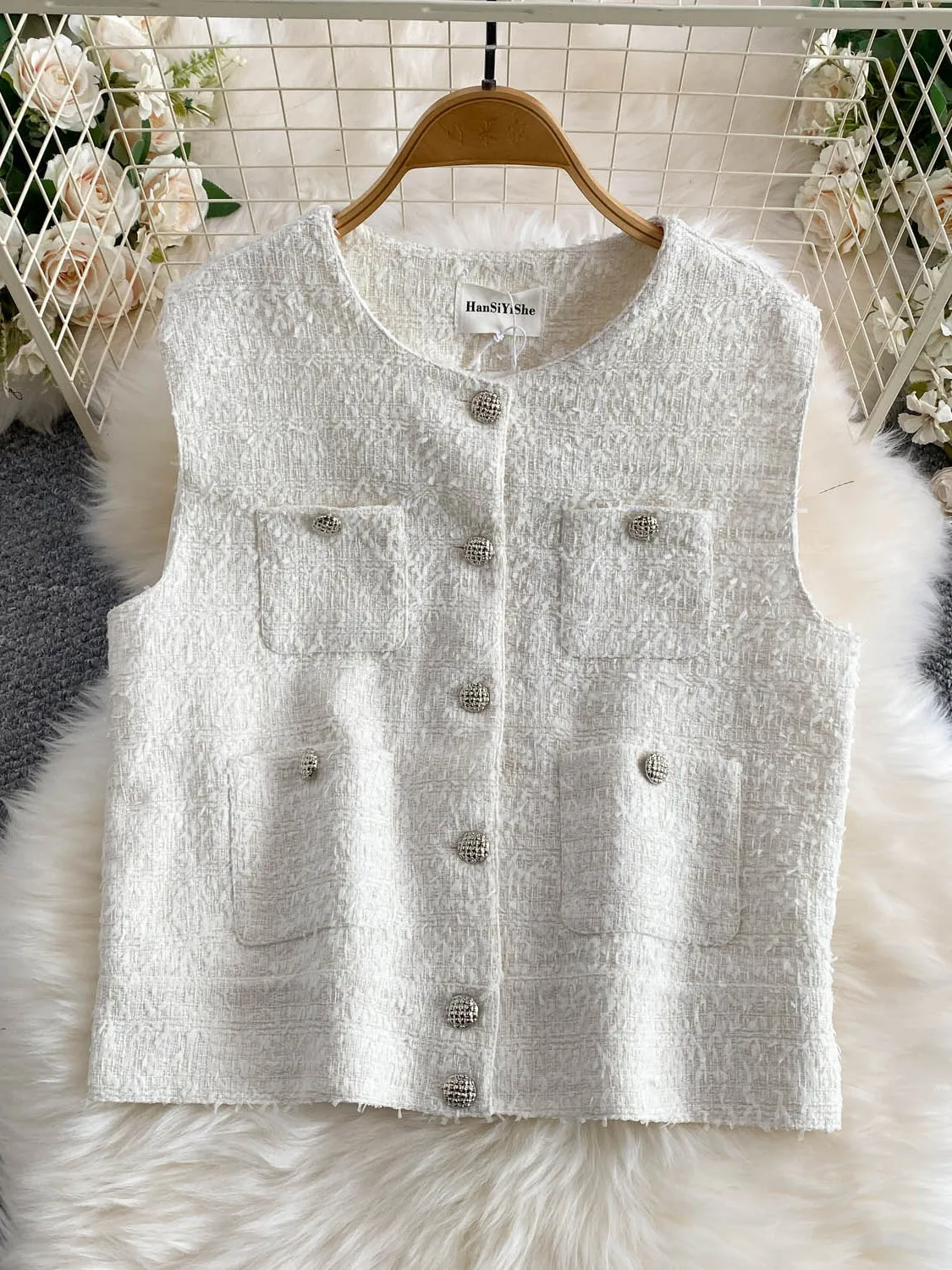 Korean Style Light Luxury Fringed Tweed round Neck Vest Jacket Women Gentle Lady Metal Buckle Top Thickened Summer Outerwear