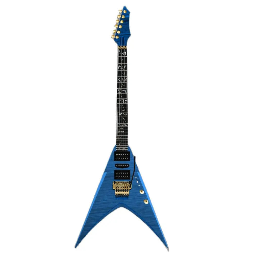 Electric Guitar V Shape Flame Top Blue Color Bolt On Joined By Screws HSH Pickups With Battery Box Gold Tuners And Tremolo Tree