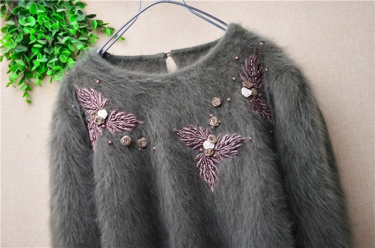 Ladies Women Autumn Winter Vintage Embroidery Beading Hairy Angora Rabbit Hair Knitted O-Neck Long Sleeves Slim Blouses Sweater