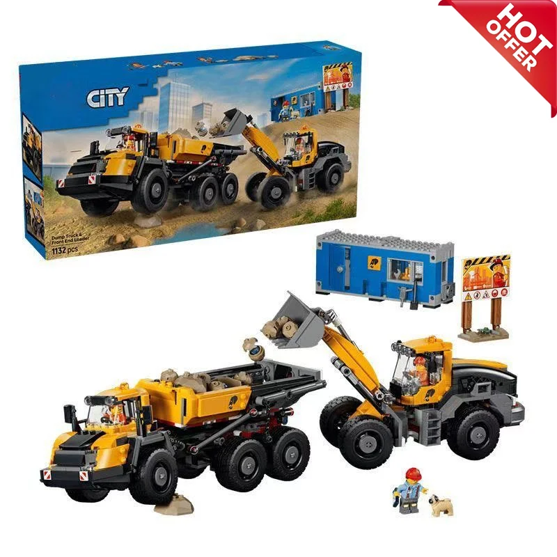 Nouveau 2026 – Pack de briques de construction DIY 1132 pièces – Camion benne jaune avec remorque de transport à déchargement automatique – Décor de scène de jeu