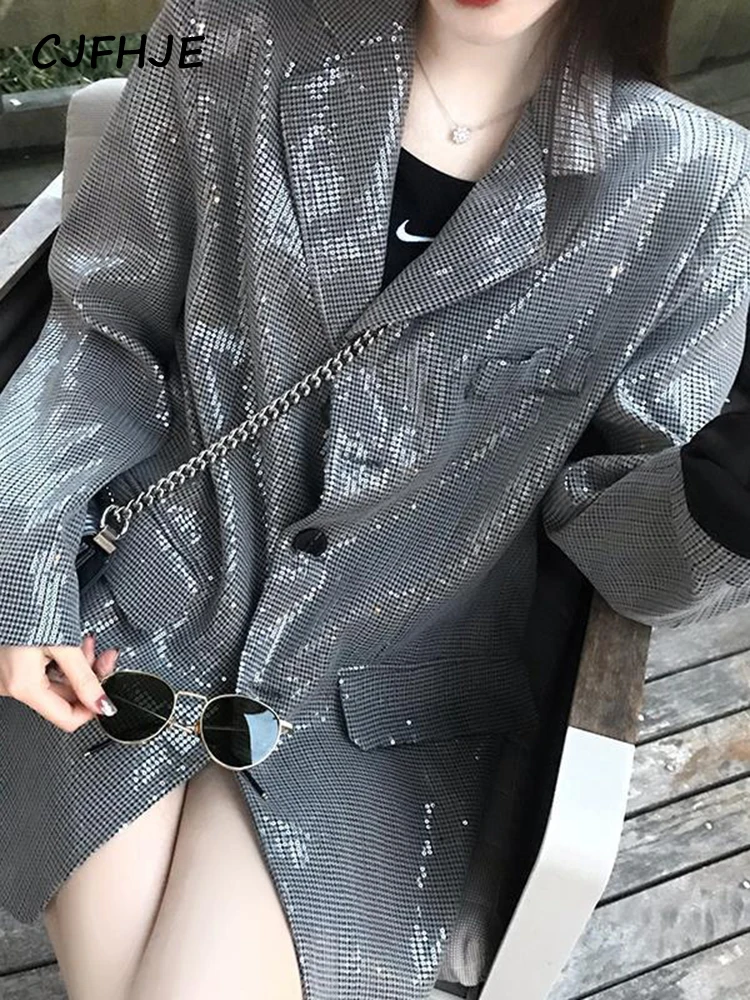 

CJFHJE Women's Silver Casual Blazer Autumn Winter New French Fashion Vintage Classic Female Loose Shiny Temperament Suit Jacket