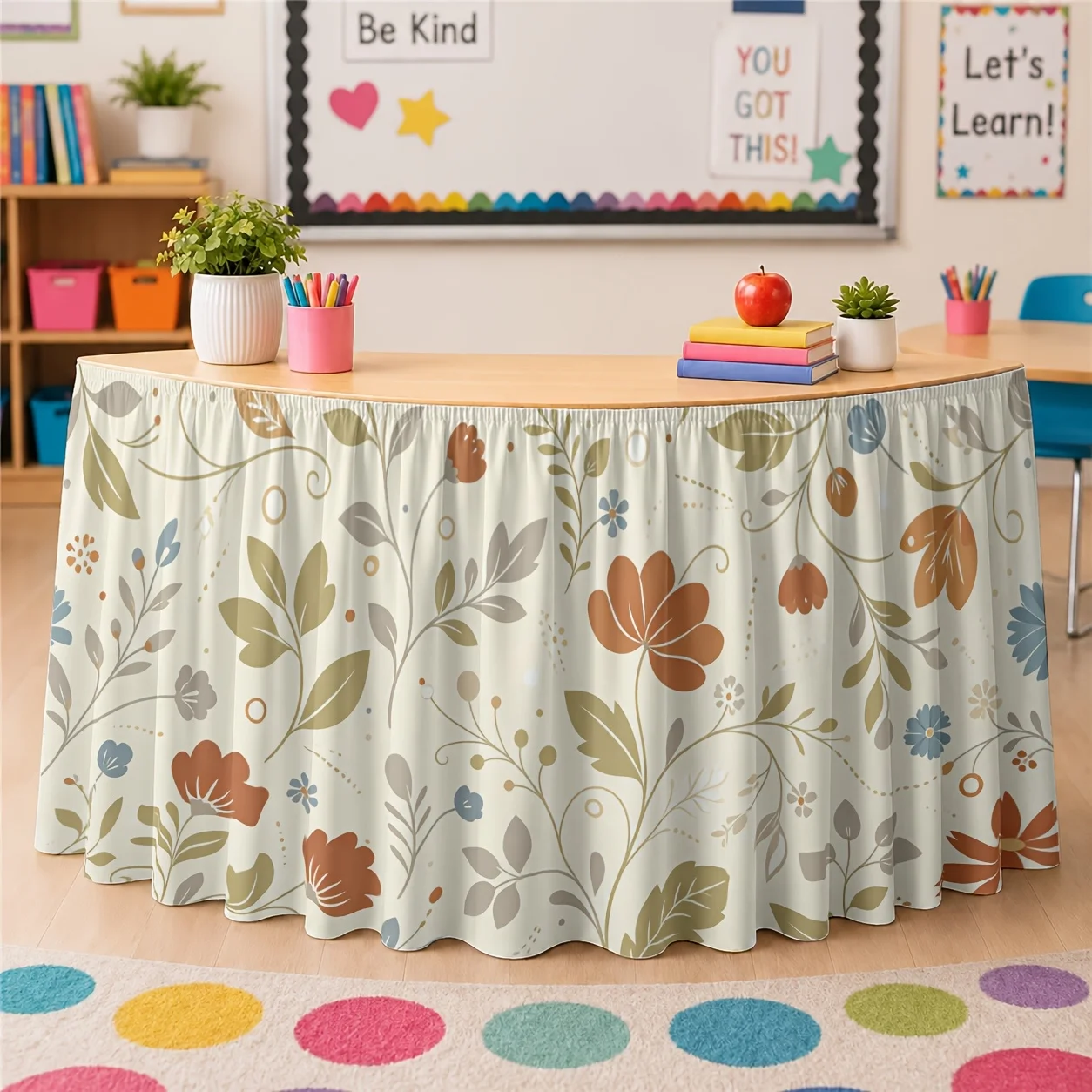 An elegant floral-patterned tablecloth, featuring soft pastel flowers and vine patterns, is perfect for a spring wedding.zyc