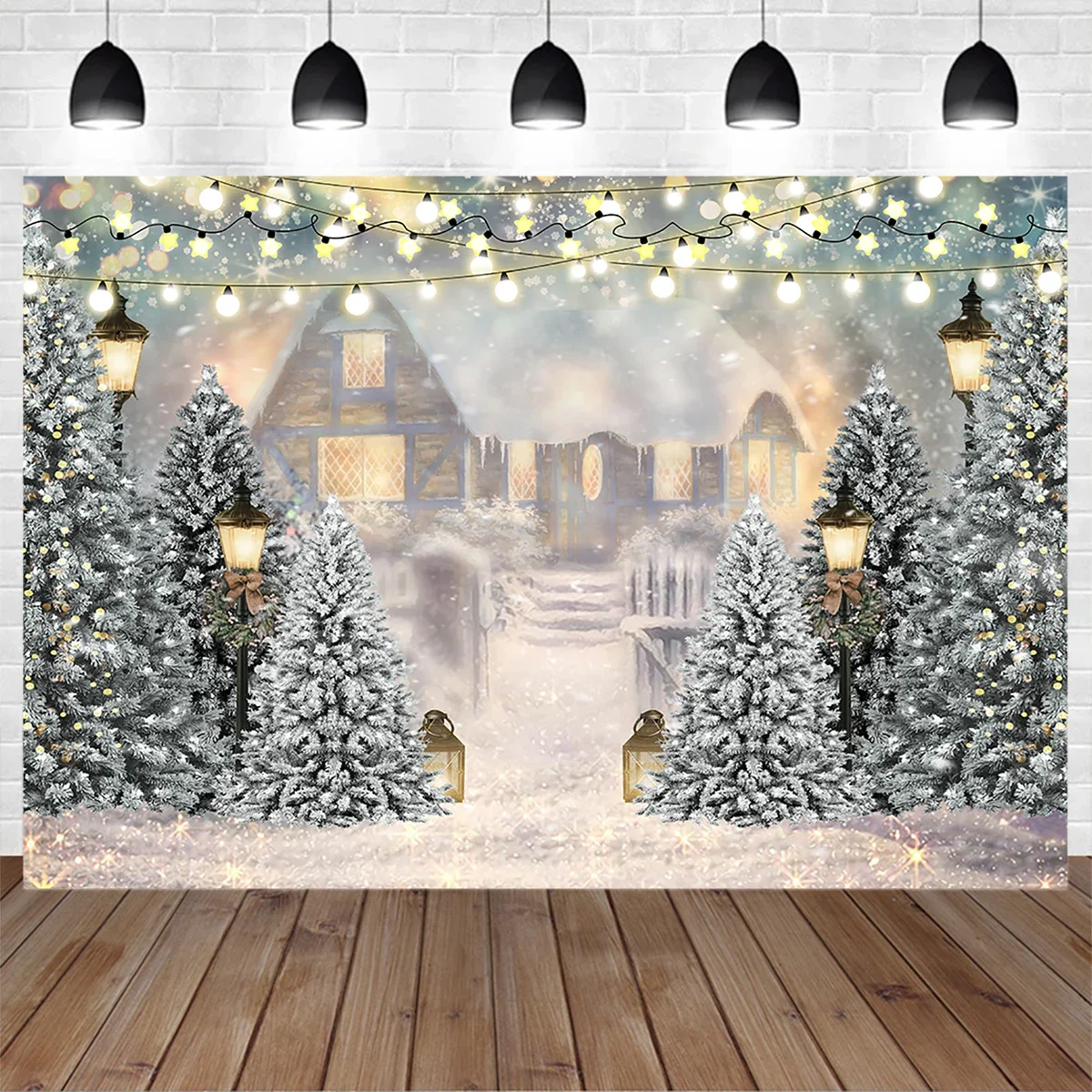 

Mocsicka Winter Christmas Birthday Decor Backdrop Snow Frozen House Light Photographic Background Baby Portrait Photoshoot Photo